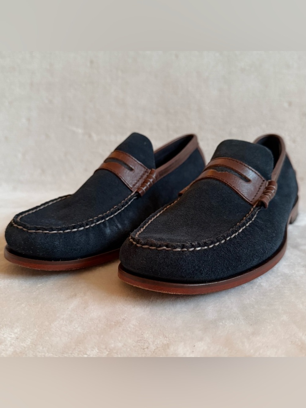 Florsheim Men’s Navy Suede Penny Loafers Brown Leather Trim Dress Shoes